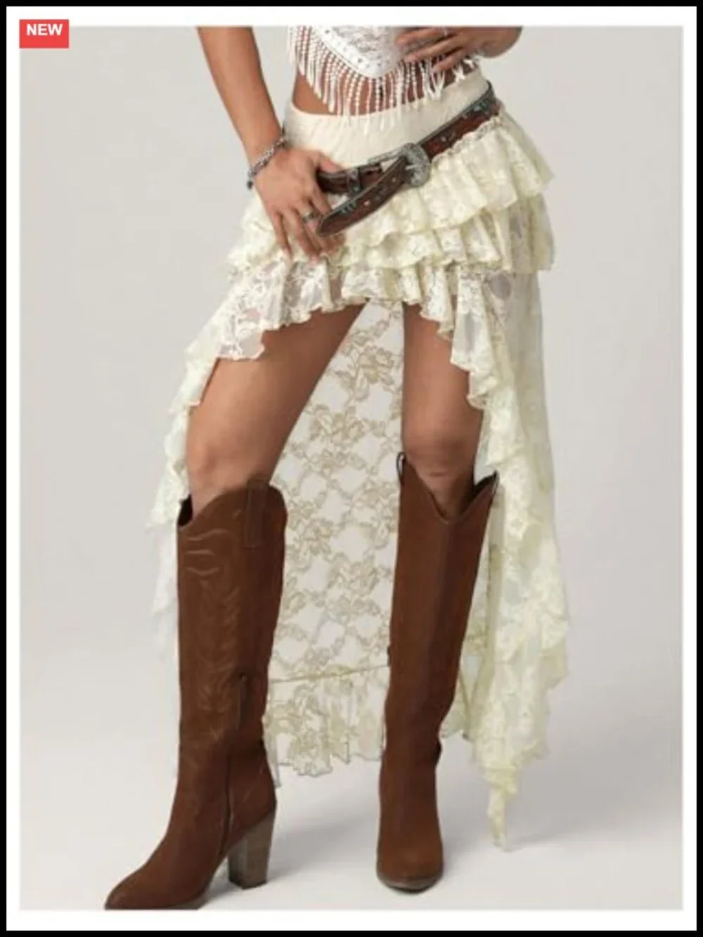 Lace Boho Maxi Skirt Asymmetrical Cowgirl Drop Waist Flowy Layered Western